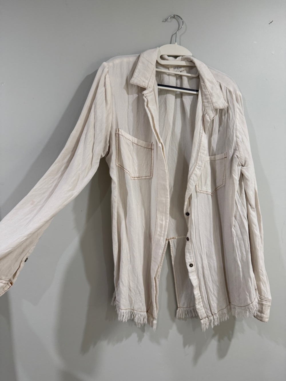 Umgee Cream Button-Front Utility Shacket with Fringe Hem